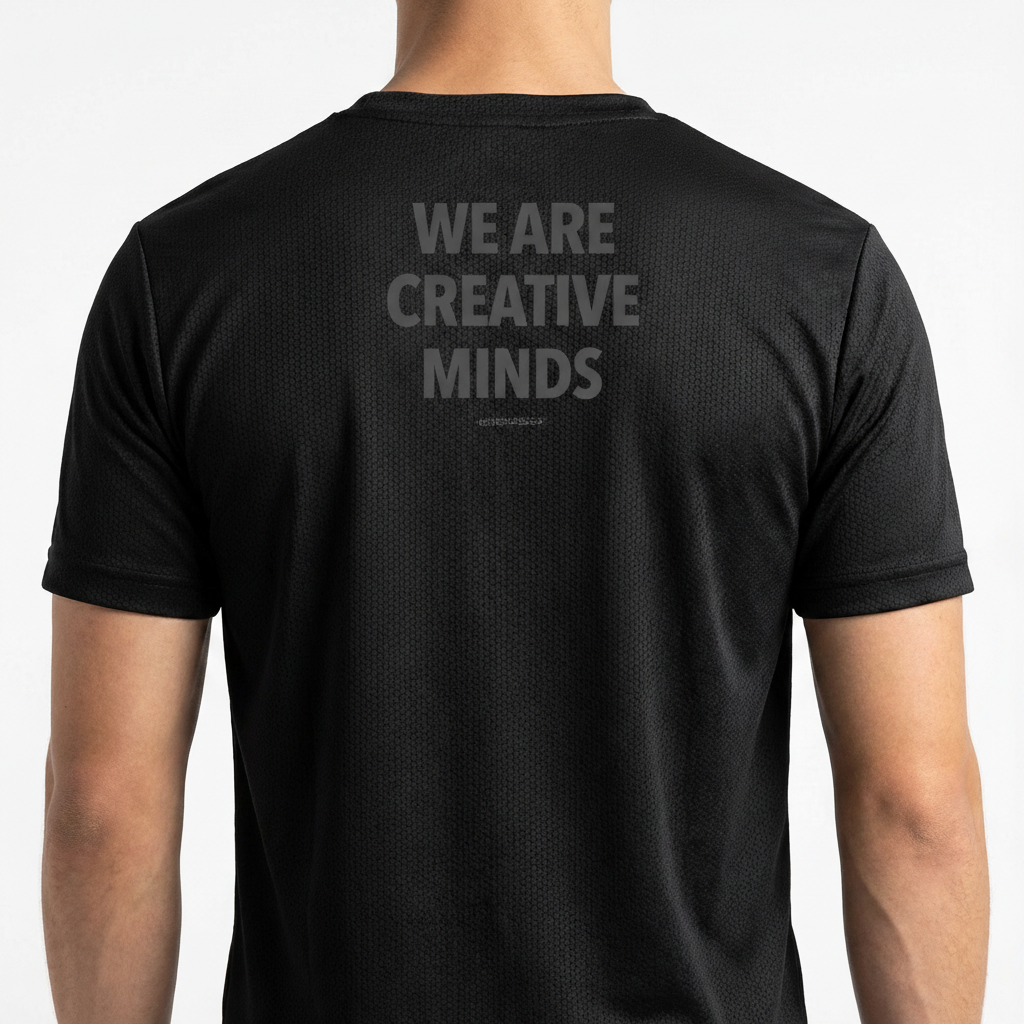 Camiseta com estampa frontal de "WE ARE CREATIVE MINDS" em letras pequenas e estampa traseira da mesma frase ampliada no centro.