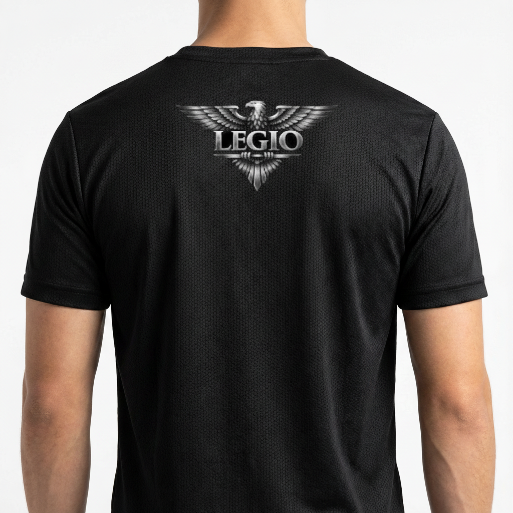 Camiseta com estampa frontal de um pequeno logo circular e estampa traseira de uma águia com asas abertas acima da palavra "LEGIO".