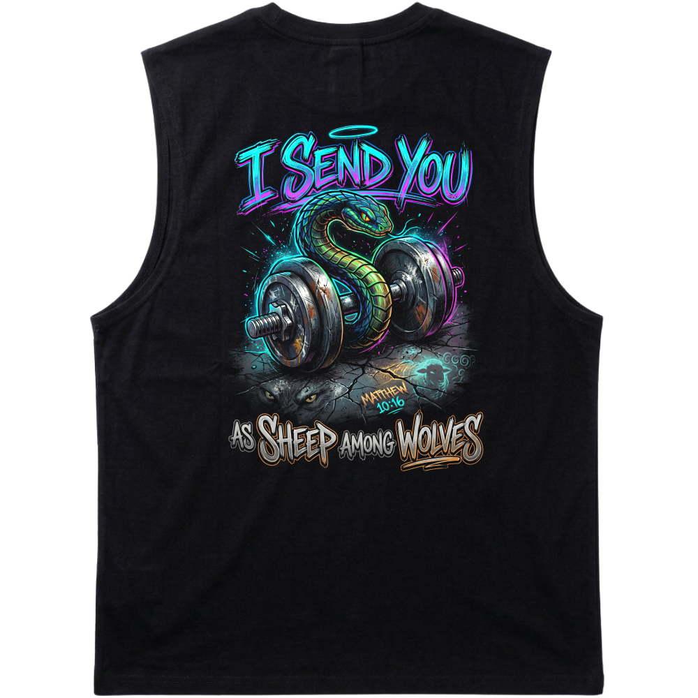 "Produto #021 Regata I SEND YOU AS SHEEP AMONG WOLVES" Tank Top Machão Suedine