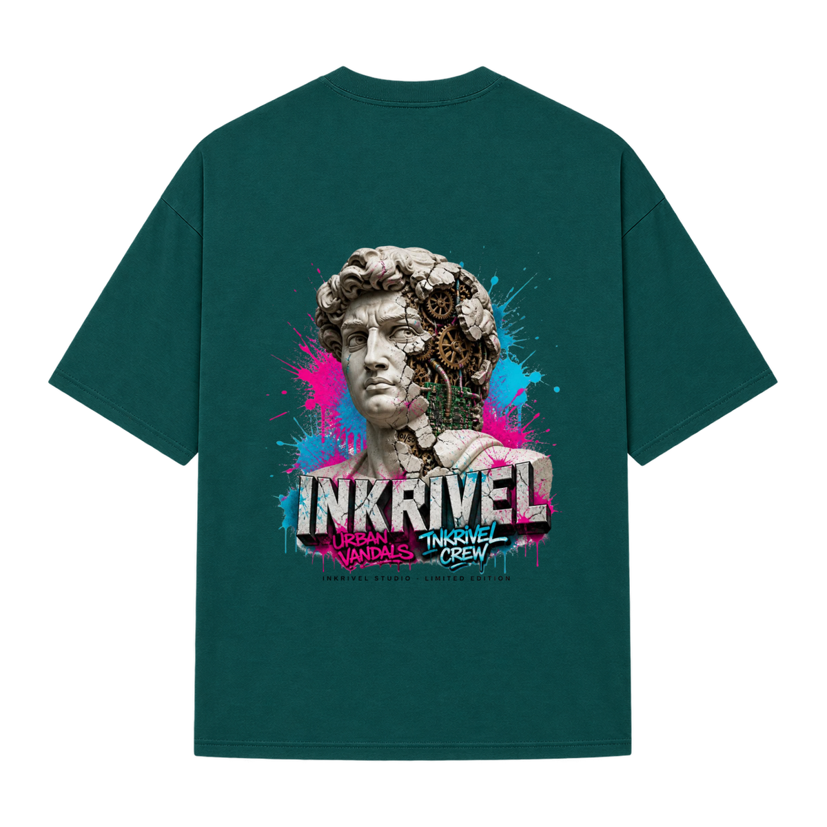 "Camiseta Oversized Inkrivel Urban Vandals – Estátua Cyber Graffiti" Camiseta Oversized Suedine 220g