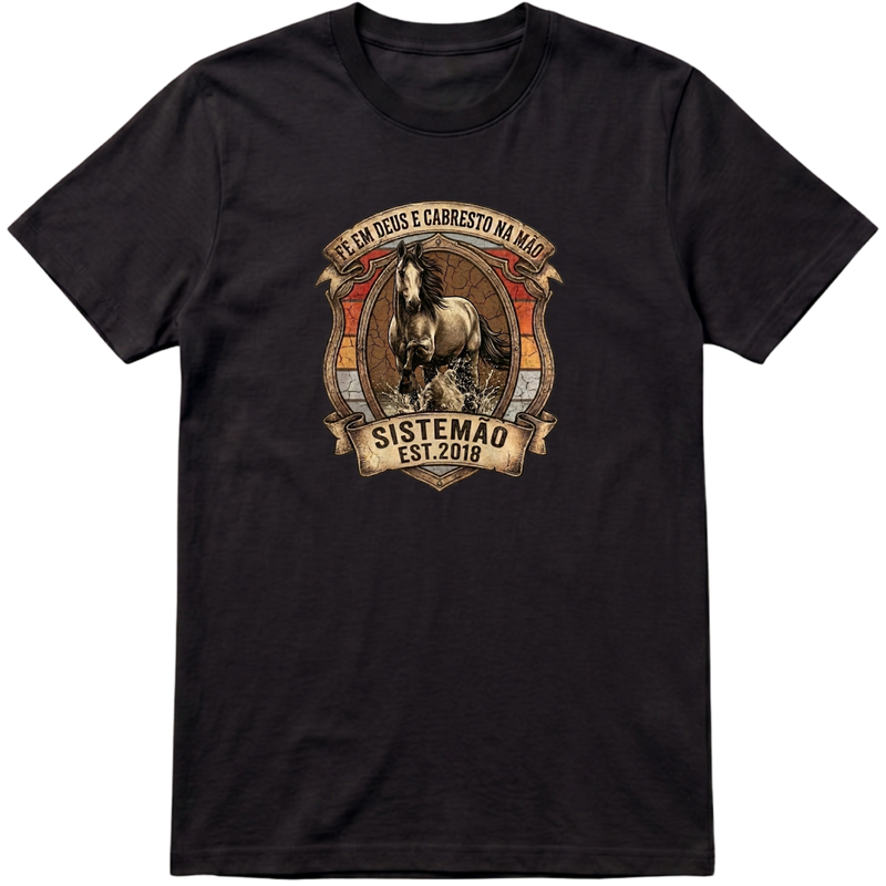 "Estampa FÉ EM DEUS E CABRESTO NA MÃO" Camiseta Premium Unissex Bunker Studios