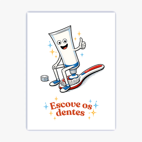 "Quadro com estampa frontal de tubo de pasta de dentes sorrindo e dando um joinha enquanto sentado numa escova, acompanhado da frase 'Escove os dentes'."