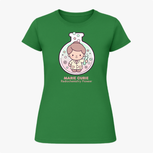Camiseta com estampa frontal de uma figura estilizada dentro de um balão de laboratório, rodeada por símbolos científicos e a inscrição "Marie Curie Radiochemistry Pioneer".