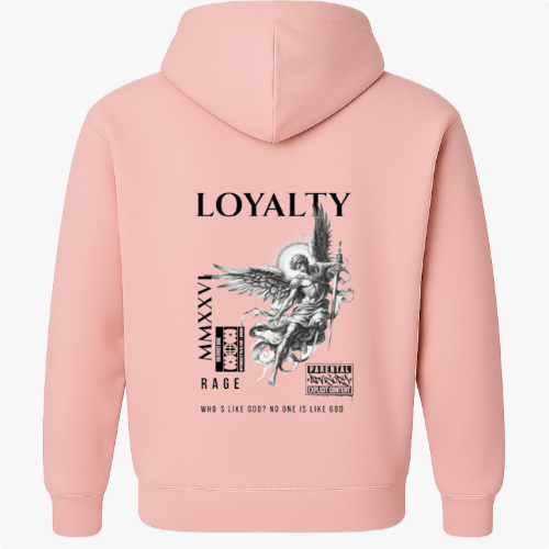 Moletom com estampa frontal de pequeno desenho de dragão e estampa traseira de anjo com espada, textos "LOYALTY" e mensagens adicionais.