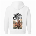 Moletom com estampa frontal de símbolo de cavalo emoldurado por louros e estampa traseira de cavalo realista com texto "I Love the Country".