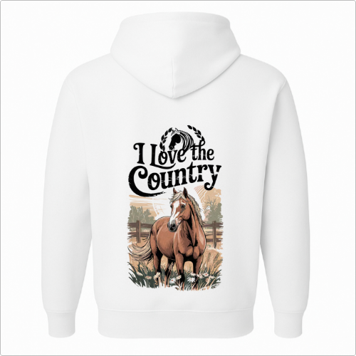 Moletom com estampa frontal de símbolo de cavalo emoldurado por louros e estampa traseira de cavalo realista com texto "I Love the Country".