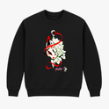 Moletom com estampa frontal de espada atravessando máscara kitsune, adornada com flores detalhadas, fio vermelho sinuoso e assinatura estilizada.