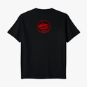Camiseta com estampa frontal de palavra estilizada "pressagio" e estampa traseira de um círculo contendo o texto "Maffie Records" em fonte marcante.