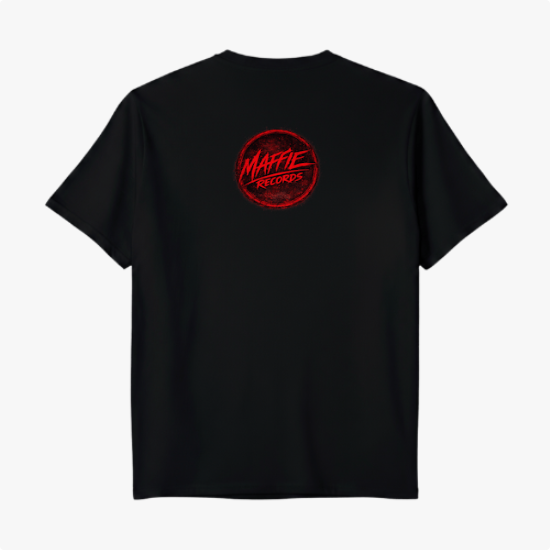 Camiseta com estampa frontal de palavra estilizada "pressagio" e estampa traseira de um círculo contendo o texto "Maffie Records" em fonte marcante.