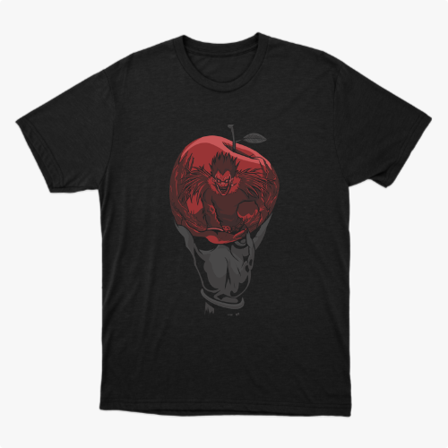 Camiseta com estampa frontal de uma figura sombria e detalhada emergindo de uma maçã grande e marcante no centro.