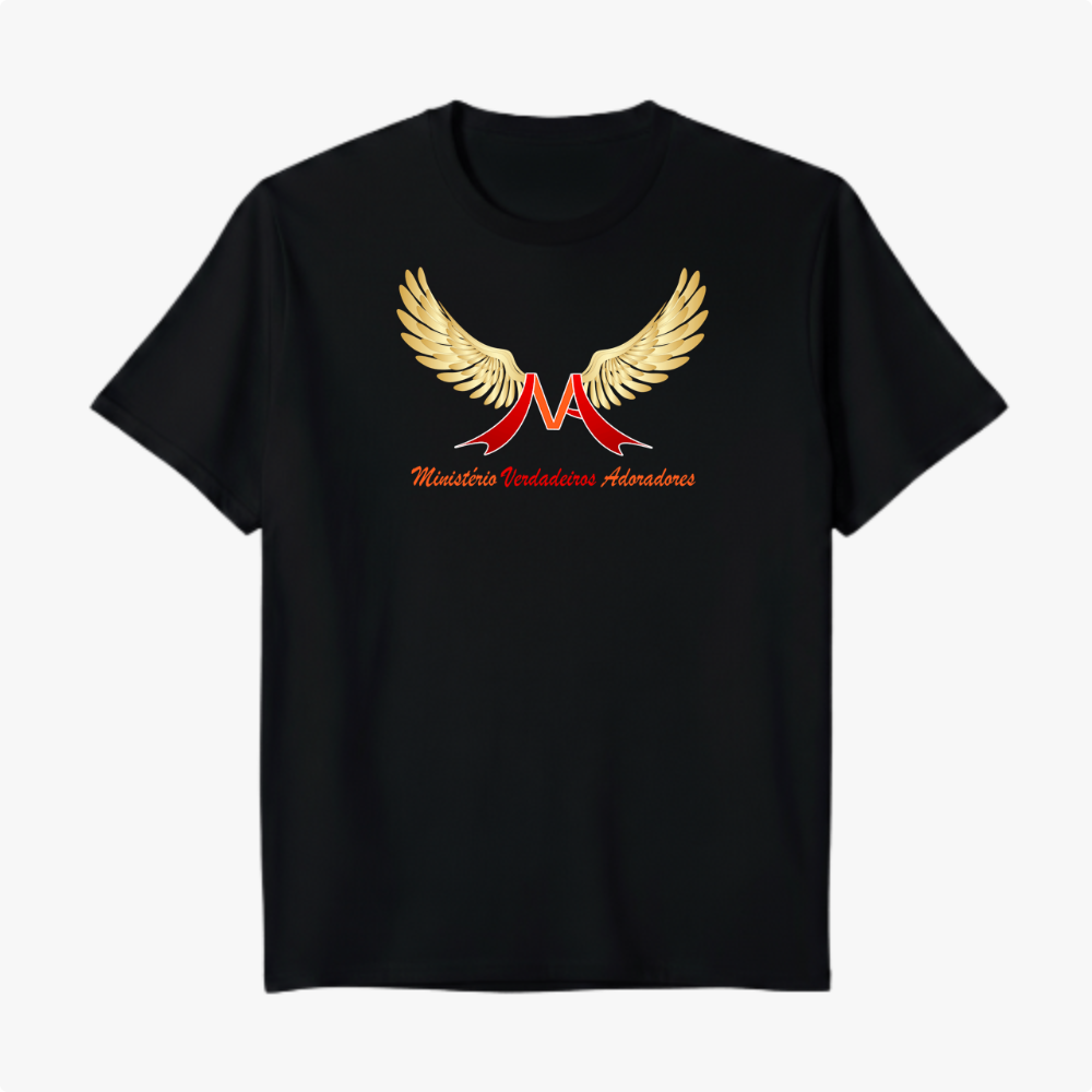 Camiseta com estampa frontal de um "M" estilizado em vermelho com asas douradas abertas, acompanhada pela inscrição "Ministério Verdadeiros Adoradores".
