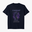 Camiseta com estampa frontal de personagem sombrio em posição dinâmica, rodeado por sombras e palavras em estilo de quadrinhos e japonês.
