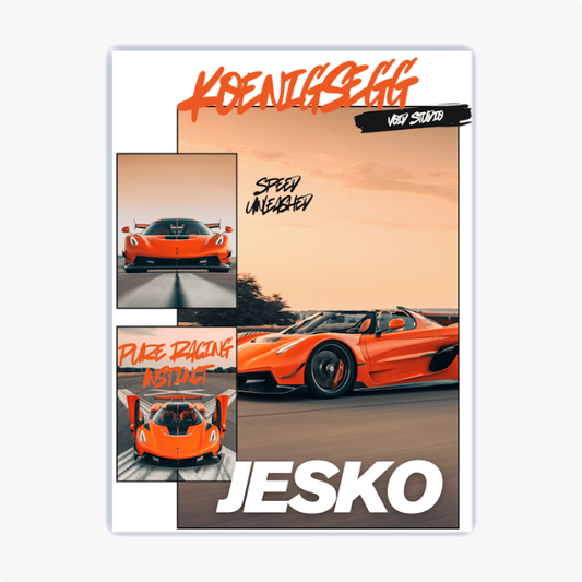 "quadro com estampa frontal de um carro esportivo em três ângulos distintos, textos 'Pure Racing Instinct', 'Speed Unleashed' e 'Koenigsegg Jesko'."
