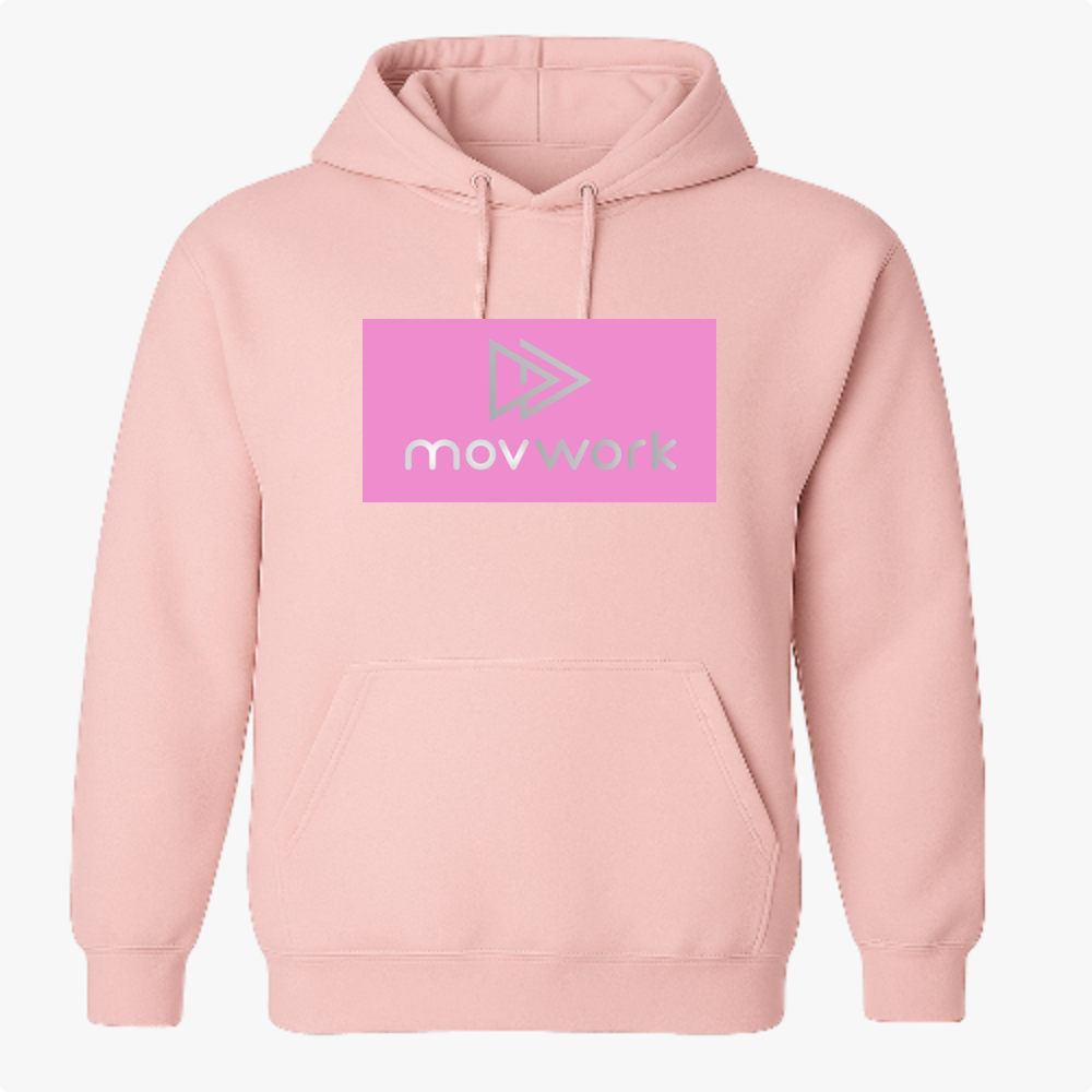 Moletom com estampa frontal de logotipo com nome "movwork" e seta dupla ao lado em retângulo, e estampa traseira idêntica à frontal.