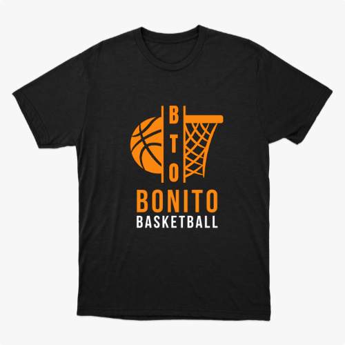 Camiseta com estampa frontal de uma bola de basquete e aro estilizados, acompanhados pelo texto "BONITO BASKETBALL" em letras chamativas.