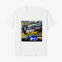 Camiseta com estampa frontal de montagens automotivas, incluindo um carro de corrida, um piloto ao lado e as palavras "Born to Drive" em destaque.