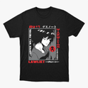 Camiseta com estampa frontal de personagem de anime em estilo gráfico, cercado por textos verticais e horizontais em inglês e japonês, com destaque para o nome "Lawliet".