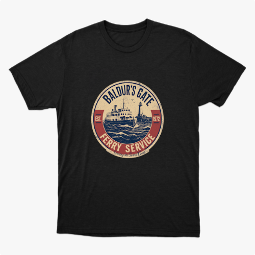 Camiseta com estampa frontal de um emblema circular apresentando um ferry estilizado, com inscrições que indicam "Baldur's Gate Ferry Service" e datas.