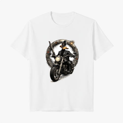 Camiseta com estampa frontal de um mago sobre uma motocicleta, segurando um cajado com um anel mágico ao fundo detalhado com luzes pequenas.