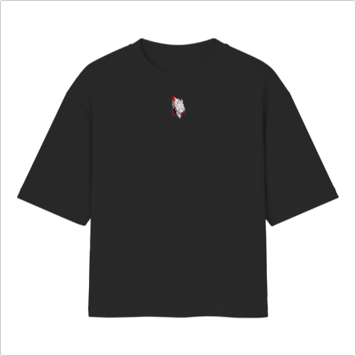 Camiseta com estampa frontal de pequeno dragão estilizado e estampa traseira de dragão humanoide agachado em meio a chamas e texto "DANDADAN".