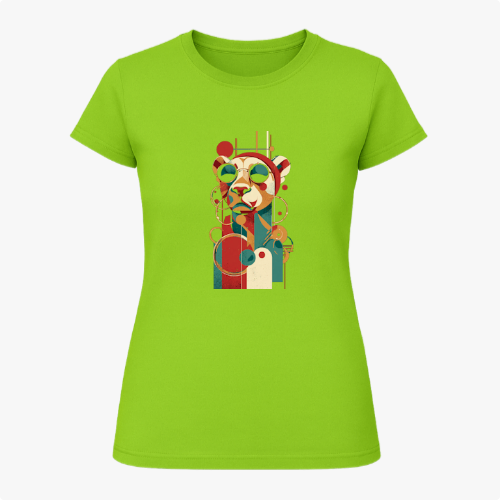 Camiseta com estampa frontal de um panda estilizado em formas geométricas e óculos de sol, com um design moderno composto por linhas e círculos abstratos.