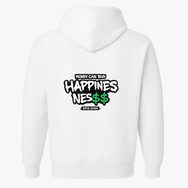 Moletom com estampa traseira de texto grafitado com a frase "Money Can Buy Happiness" onde "Happiness" é estilizado com cifrões, seguido de "ESTD 2026".