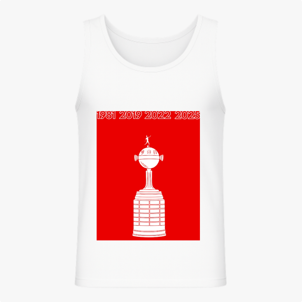 Regata com estampa frontal de um troféu estilizado sob fundo vermelho, com os anos 1981, 2019, 2022 e 2025 destacados na parte superior.