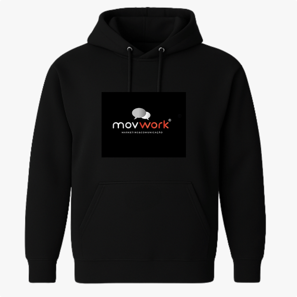 Moletom com estampa frontal de logotipo centralizado e texto cursivo, e estampa traseira idêntica, com ícone estilizado e fonte moderna.