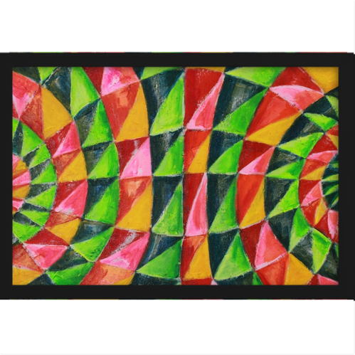 Quadro com estampa de padrões geométricos formados por triângulos e semicírculos sobrepostos em um arranjo simétrico de cores vibrantes e contrastantes.