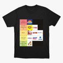 Camiseta com estampa frontal de uma tabela de logos de empresas em diferentes categorias, organizados em colunas, incluindo nomes e logomarcas de supermercados.