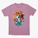 Camiseta com estampa frontal de máscara kitsune centralizada entre chamas e ondas, com kanjis japoneses e detalhes intricados de movimento e textura.