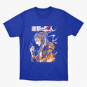 Camiseta com estampa frontal de personagem de cabelo preso e traje volumoso, rodeado por padrões dinâmicos e caracteres estilizados ao lado.