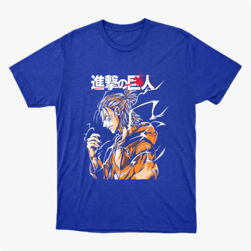 Camiseta com estampa frontal de personagem de cabelo preso e traje volumoso, rodeado por padrões dinâmicos e caracteres estilizados ao lado.