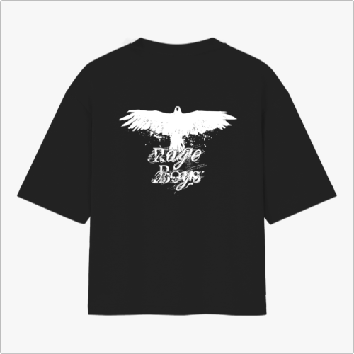 Camiseta com estampa frontal de caveira minimalista e estampa traseira de águia em voo com detalhes abstratos e texto estilizado "Rage Boys".
