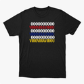 Camiseta com estampa frontal de linhas de zeros alternadas com a palavra "VIROVIRAVIROU" em vermelho, azul e amarelo.