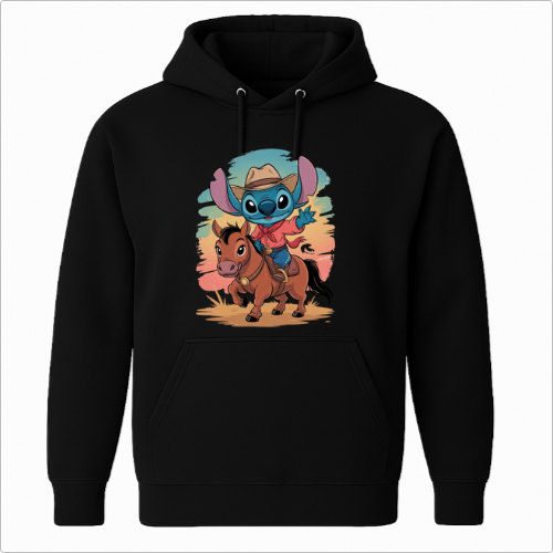 Moletom com estampa frontal de personagem alienígena vestido de cowboy montando um cavalo, fundo com suaves pinceladas que lembram um pôr do sol.