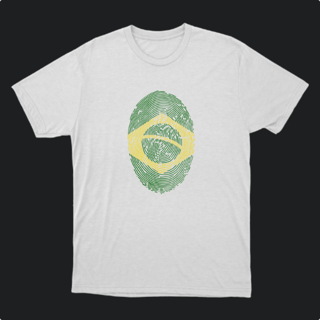 Camiseta com estampa frontal de uma digital estilizada formando a bandeira do Brasil, integrando as listras curvas em tons contrastantes.