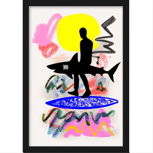 Quadro com estampa de silhueta de pessoa sobre tubarão, sol em fundo abstrato com formas coloridas e manchas vibrantes ao redor.