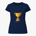 Camiseta com estampa frontal de troféu brilhante e estampa traseira de troféu acima da frase bíblica "Quem vencer herdará todas essas coisas. Apocalipse 21:7".