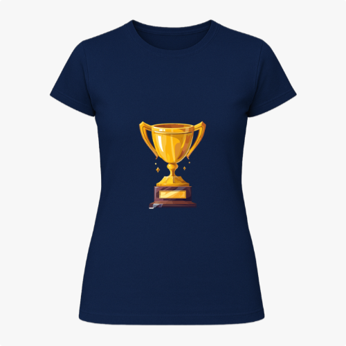 Camiseta com estampa frontal de troféu brilhante e estampa traseira de troféu acima da frase bíblica "Quem vencer herdará todas essas coisas. Apocalipse 21:7".