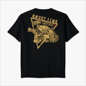 Camiseta com estampa frontal de caveira com visor em triângulo e estampa traseira de caveira tática com dispositivos, triângulo e texto "Ghost Lens Tactical".