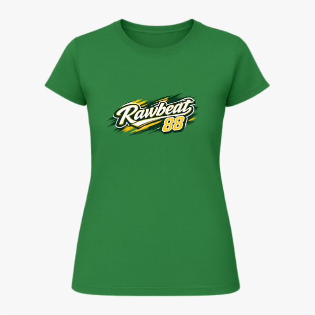 Camiseta com estampa frontal de "Rawbeat 88" em estilo esportivo dinâmico e estampa traseira de "Brasil 88" com mesmo estilo impactante.