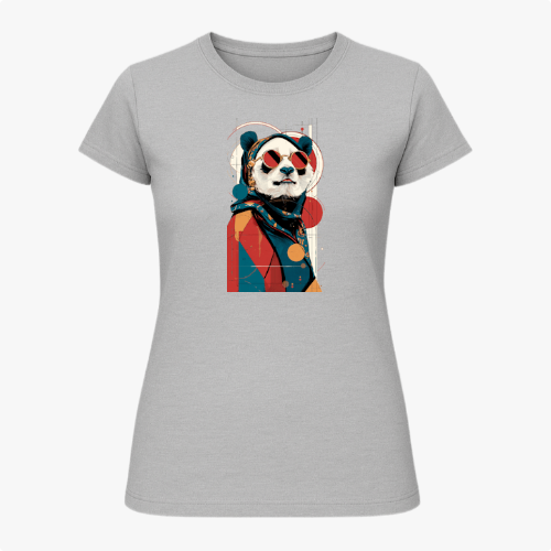 Camiseta com estampa frontal de panda estilizado usando óculos escuros, lenço e traje moderno, inserido em um design geométrico abstrato.