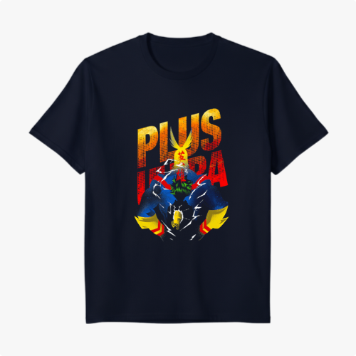 Camiseta com estampa frontal de um herói com cabelos dourados, capa azul e detalhes vermelhos, fundo com a frase "PLUS ULTRA" em letras estilizadas.