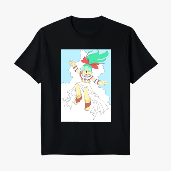 Camiseta com estampa frontal de personagem animado sorridente com cabelos esvoaçantes e laço, em pose dinâmica, cercada por nuvens brancas.