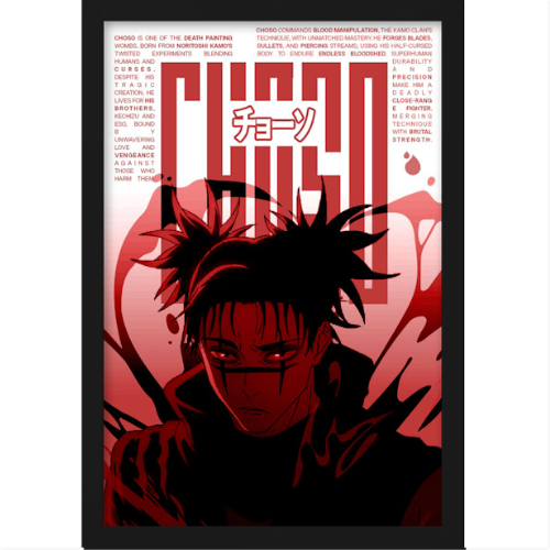 Quadro com estampa de personagem de cabelo espetado e letras ao fundo, rodeado por texto explicativo em torno da imagem.