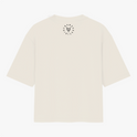 Camiseta com estampa frontal de cavalo de Tróia com símbolo masculino e texto "CAVALO DE TRÓIA DA MASCULINIDADE" e estampa traseira de logotipo circular.