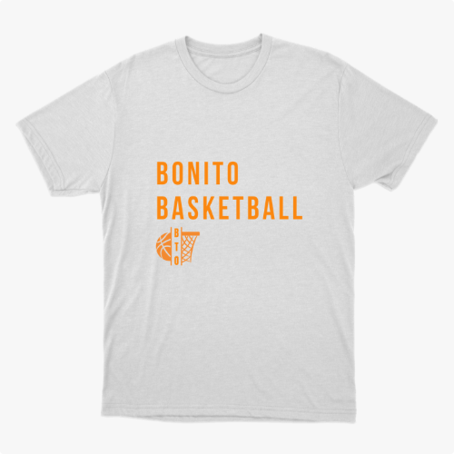 Camiseta com estampa frontal de texto "Bonito Basketball" acima de um desenho estilizado de uma bola de basquete com cesta ao lado.