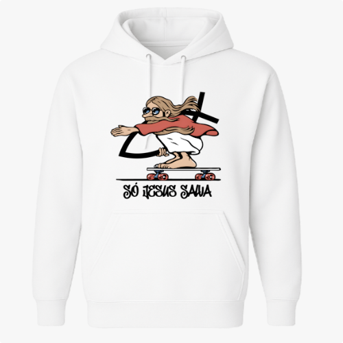 Moletom com estampa frontal de personagem icônico em cima de skate, com túnica e cabelos voando ao vento, além de texto estilizado na parte inferior.