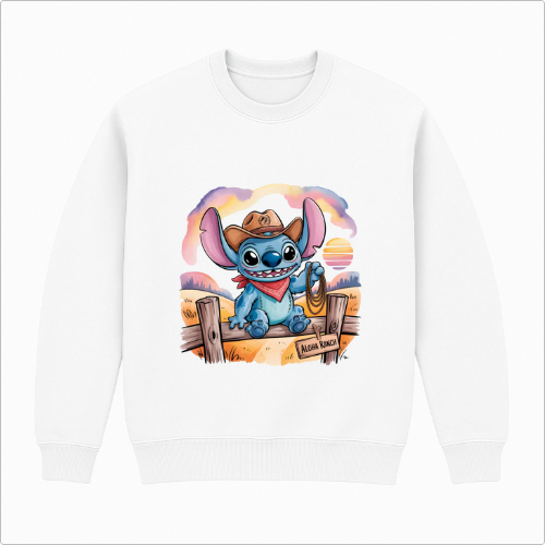 Moletom com estampa frontal de personagem azul com chapéu de cowboy, bandana e violão, sentado em cerca de madeira com fundo de pôr do sol.